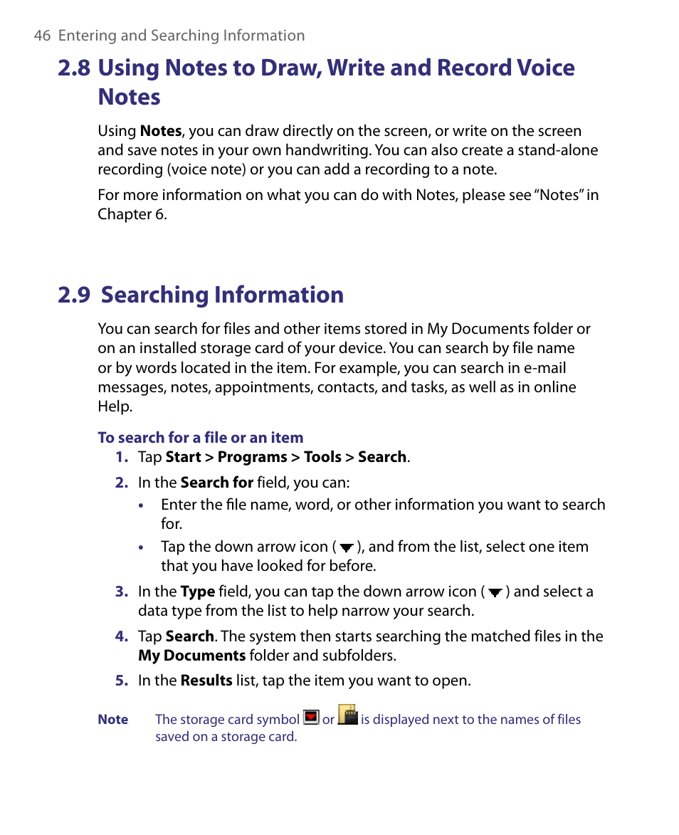 8 using notes to draw, write and, Record voice notes, 9 searching information | HTC Tilt 8900 User Manual | Page 46 / 240