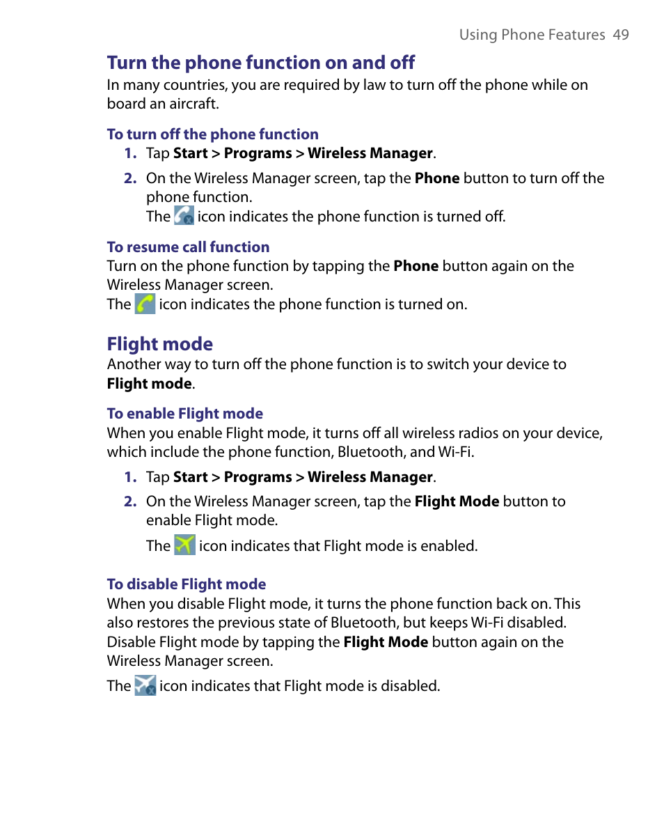 Turn the phone function on and off, Flight mode | HTC Tilt 8900 User Manual | Page 49 / 240