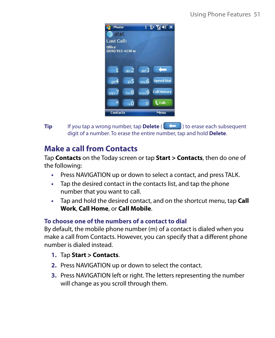 Make a call from contacts | HTC Tilt 8900 User Manual | Page 51 / 240
