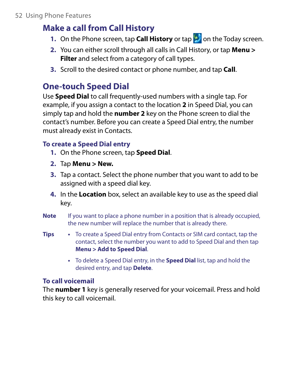 Make a call from call history, One-touch speed dial | HTC Tilt 8900 User Manual | Page 52 / 240