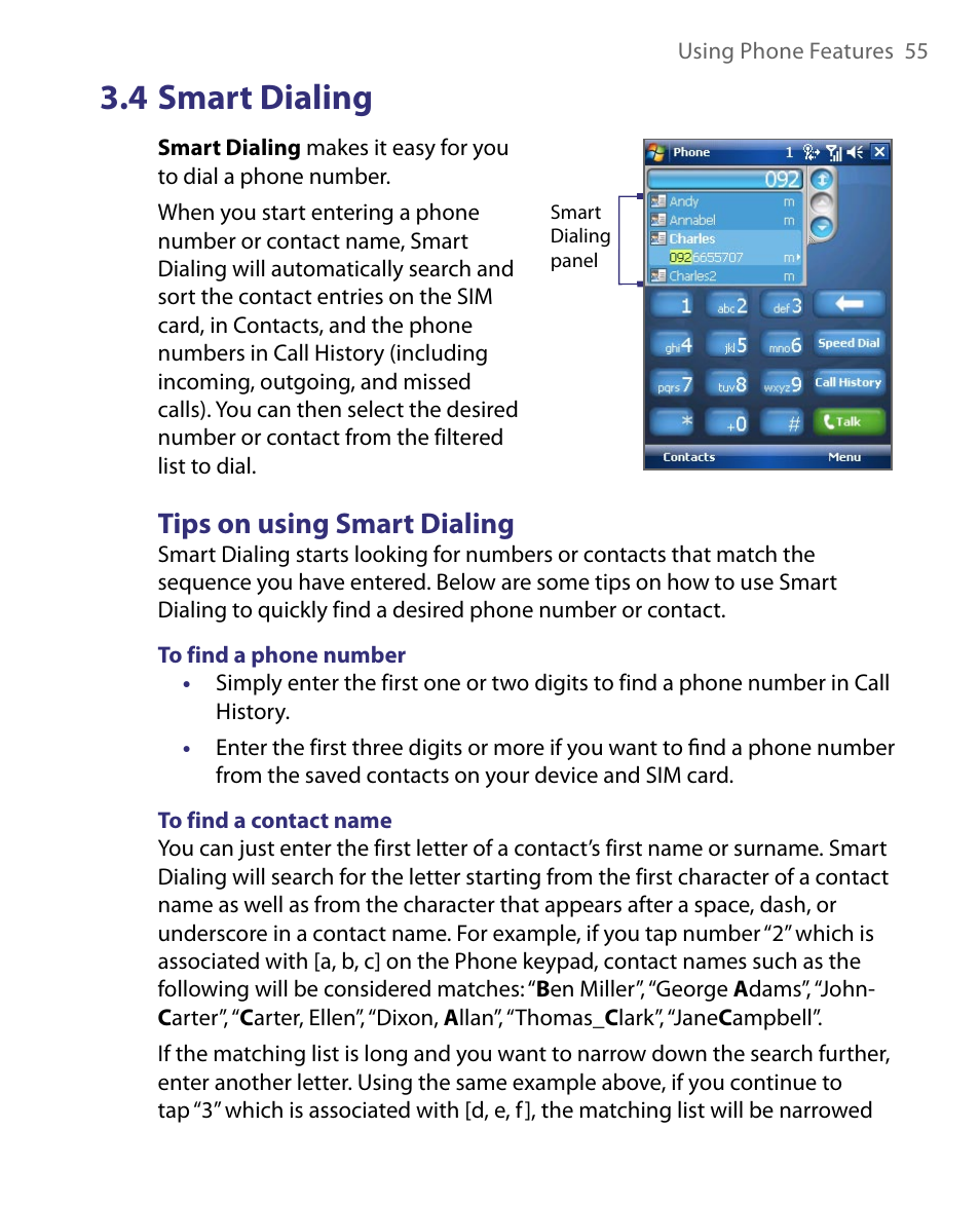 4 smart dialing, Tips on using smart dialing | HTC Tilt 8900 User Manual | Page 55 / 240
