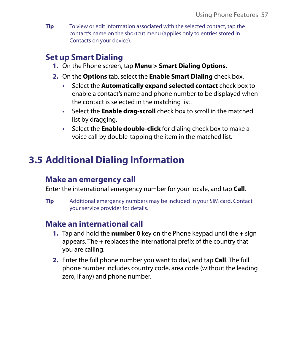 5 additional dialing information, Set up smart dialing, Make an emergency call | Make an international call | HTC Tilt 8900 User Manual | Page 57 / 240
