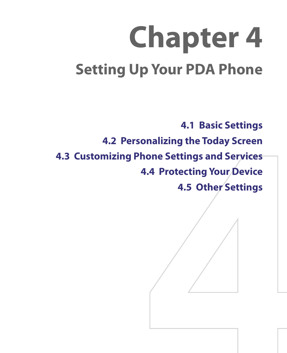 Chapter 4, Setting up your pda phone | HTC Tilt 8900 User Manual | Page 59 / 240