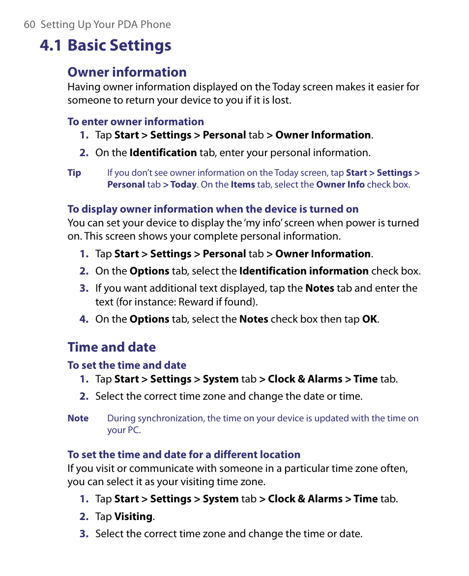 1 basic settings, Owner information, Time and date | HTC Tilt 8900 User Manual | Page 60 / 240