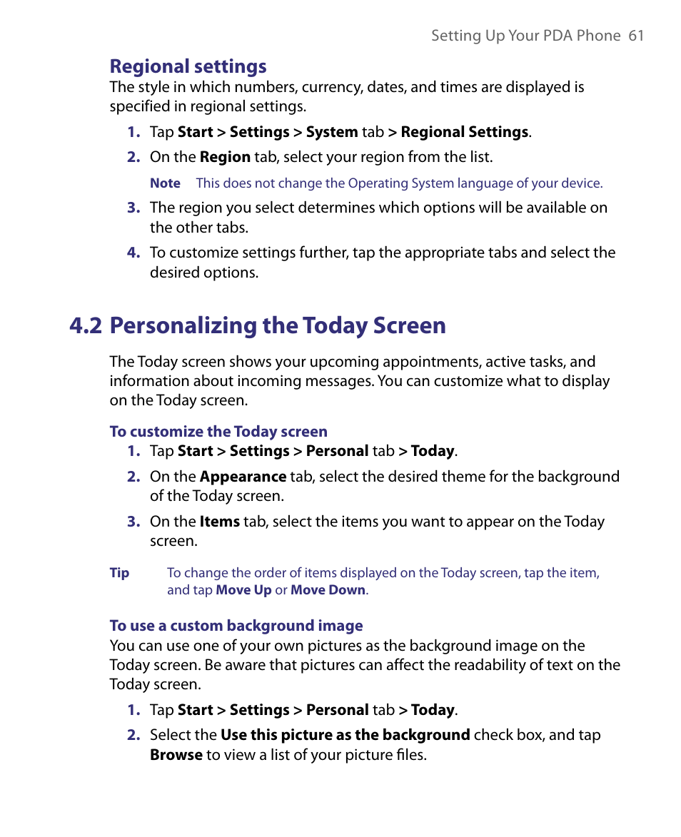 2 personalizing the today screen, Regional settings | HTC Tilt 8900 User Manual | Page 61 / 240