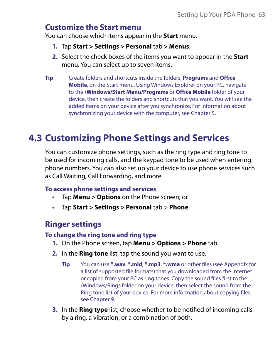 3 customizing phone settings and services, Customize the start menu, Ringer settings | HTC Tilt 8900 User Manual | Page 63 / 240