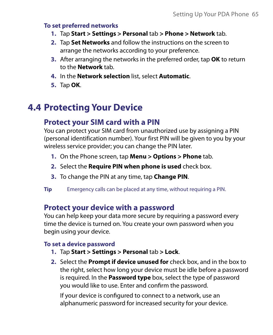 4 protecting your device, Protect your sim card with a pin, Protect your device with a password | HTC Tilt 8900 User Manual | Page 65 / 240