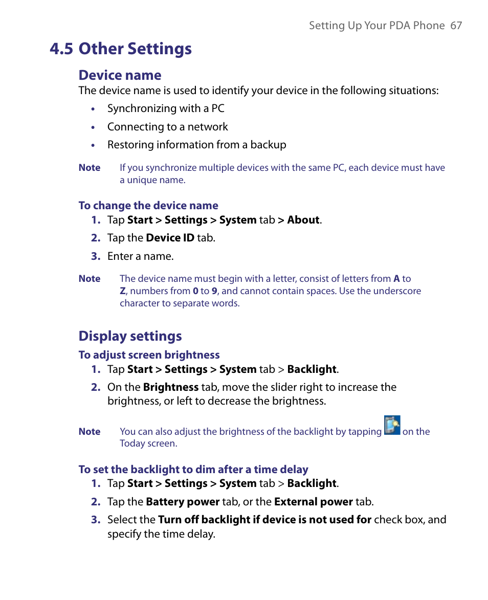 5 other settings, Device name, Display settings | HTC Tilt 8900 User Manual | Page 67 / 240