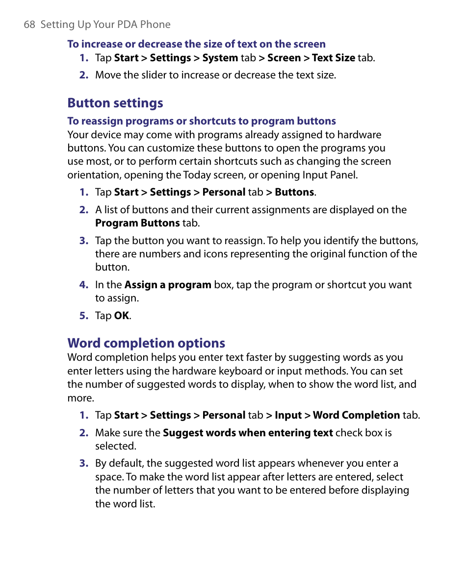 Button settings, Word completion options | HTC Tilt 8900 User Manual | Page 68 / 240