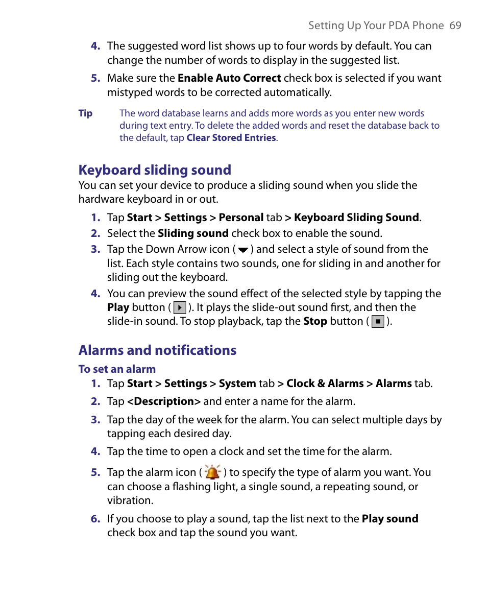 Keyboard sliding sound, Alarms and notifications | HTC Tilt 8900 User Manual | Page 69 / 240