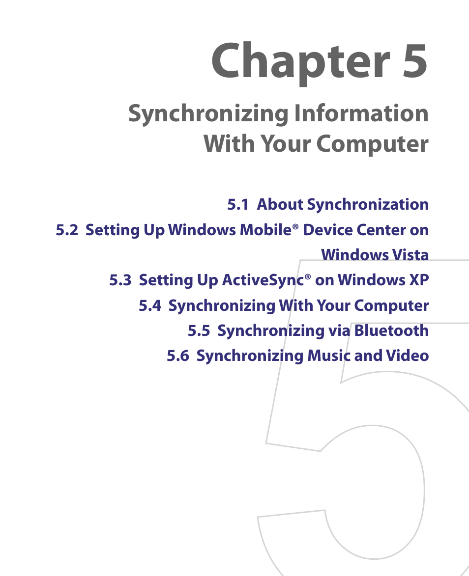 Chapter 5, Synchronizing information with your computer | HTC Tilt 8900 User Manual | Page 71 / 240