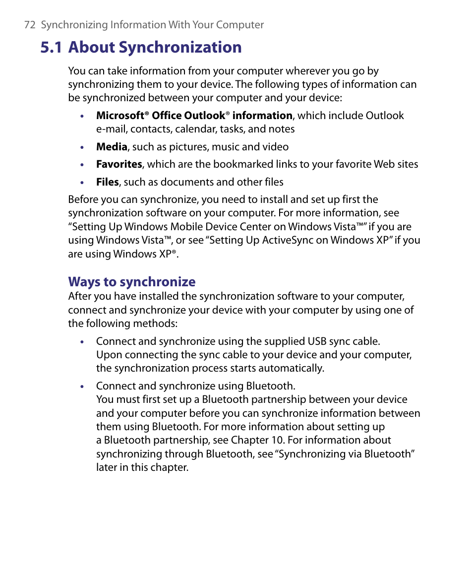 1 about synchronization, Ways to synchronize | HTC Tilt 8900 User Manual | Page 72 / 240