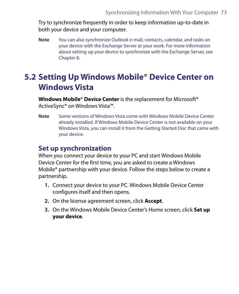 2 setting up windows mobile® device center on, Windows vista, Set up synchronization | HTC Tilt 8900 User Manual | Page 73 / 240