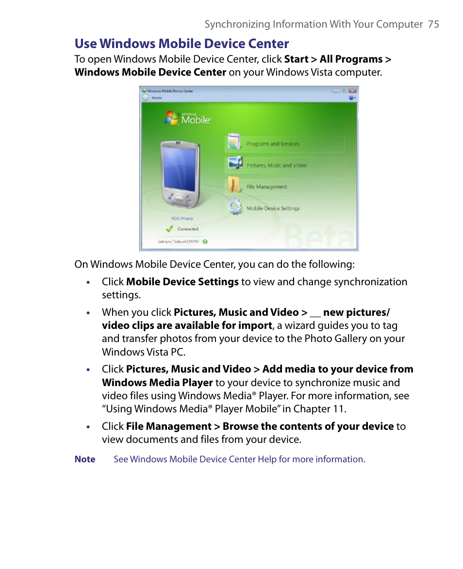 3 setting up activesync® on windows xp, Use windows mobile device center | HTC Tilt 8900 User Manual | Page 75 / 240