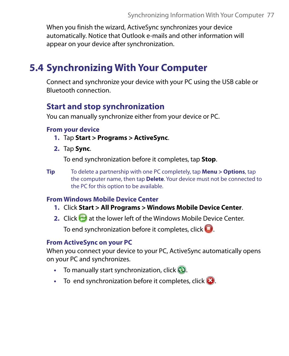 4 synchronizing with your computer, Start and stop synchronization | HTC Tilt 8900 User Manual | Page 77 / 240