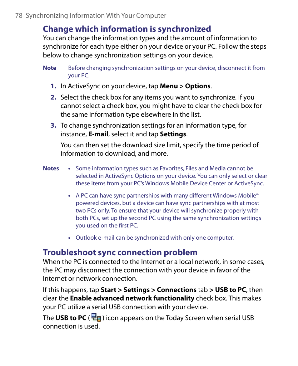 5 synchronizing via bluetooth, Change which information is synchronized, Troubleshoot sync connection problem | HTC Tilt 8900 User Manual | Page 78 / 240