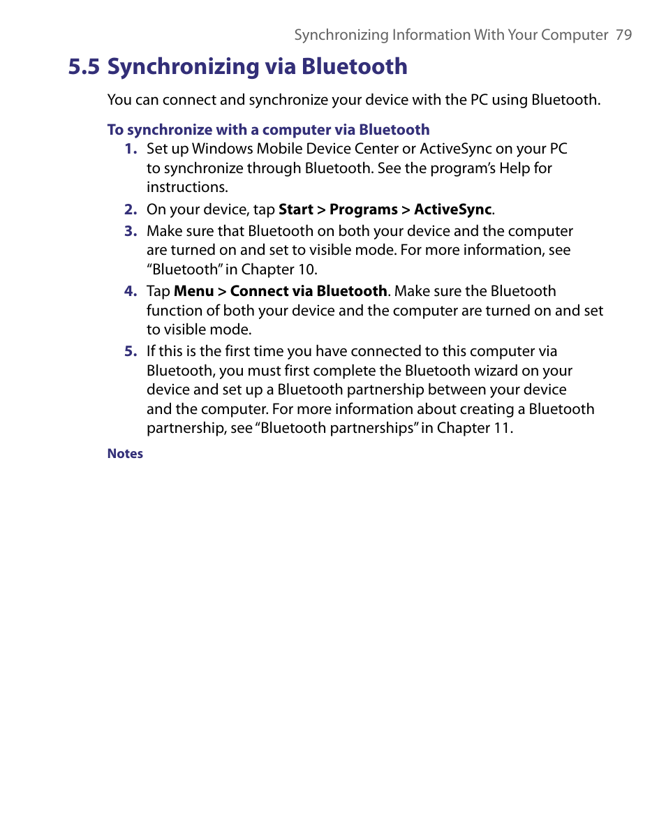 6 synchronizing music and video, 5 synchronizing via bluetooth | HTC Tilt 8900 User Manual | Page 79 / 240