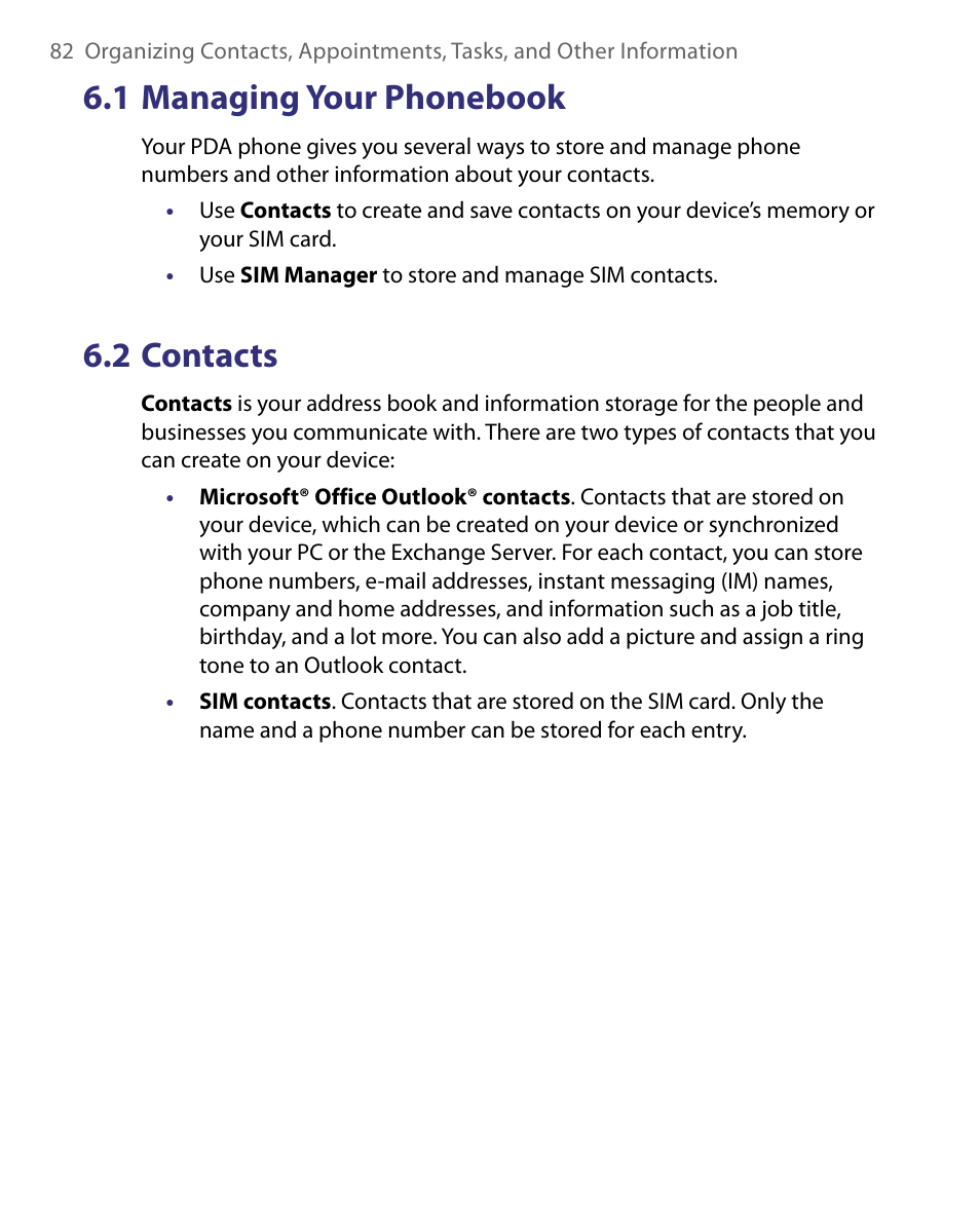 1 managing your phonebook, 2 contacts | HTC Tilt 8900 User Manual | Page 82 / 240