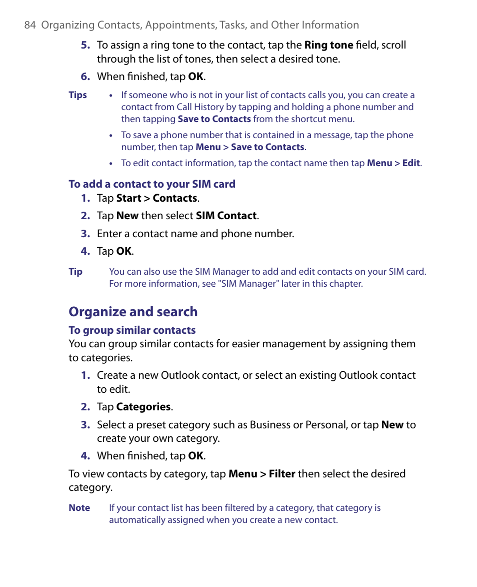 Organize and search | HTC Tilt 8900 User Manual | Page 84 / 240