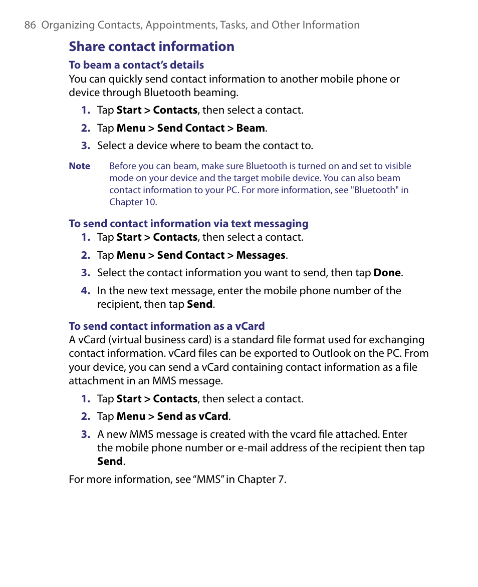 Share contact information | HTC Tilt 8900 User Manual | Page 86 / 240