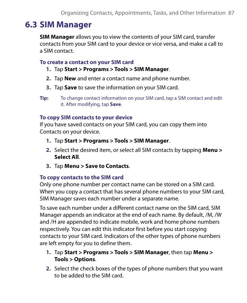 3 sim manager | HTC Tilt 8900 User Manual | Page 87 / 240