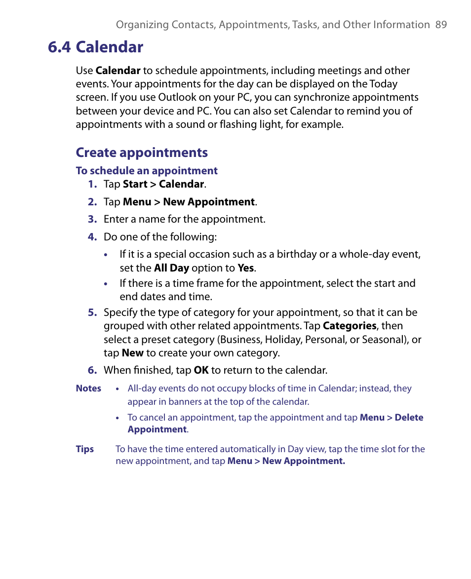 4 calendar, Create appointments | HTC Tilt 8900 User Manual | Page 89 / 240