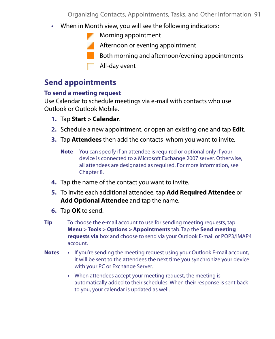 Send appointments | HTC Tilt 8900 User Manual | Page 91 / 240