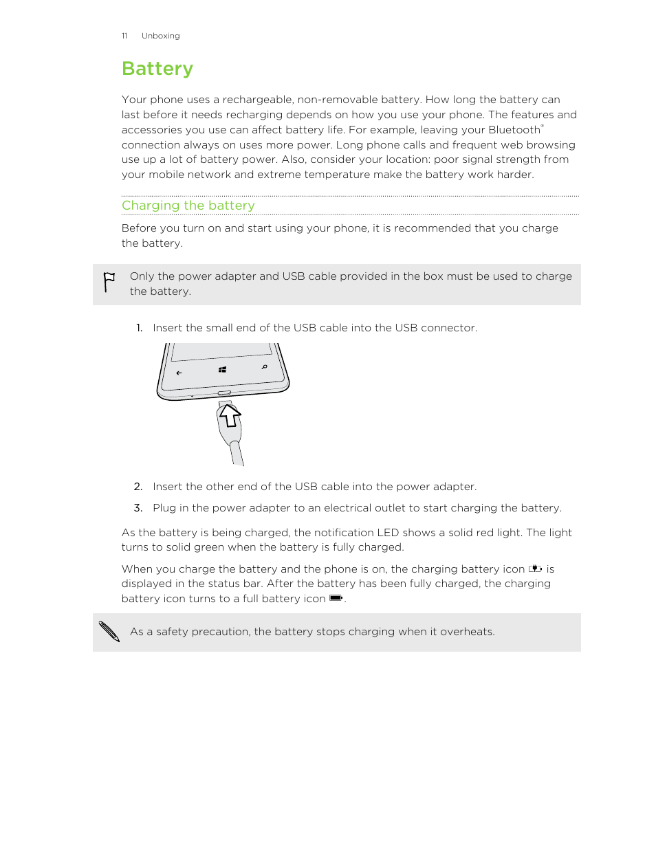 Battery, Charging the battery | HTC 8X User Manual | Page 11 / 97