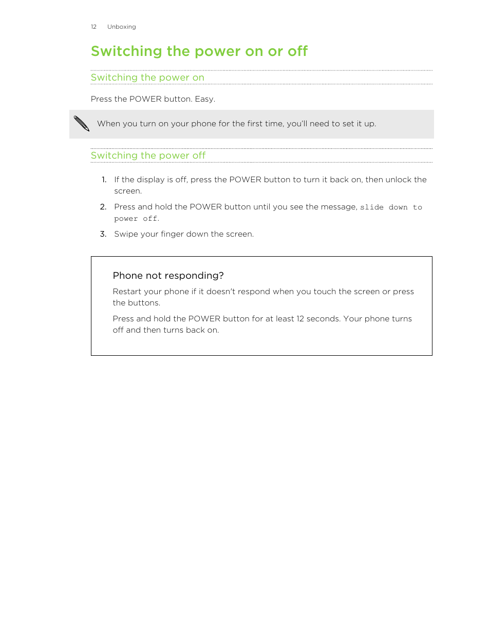 Switching the power on or off, Switching the power on, Switching the power off | Phone not responding | HTC 8X User Manual | Page 12 / 97