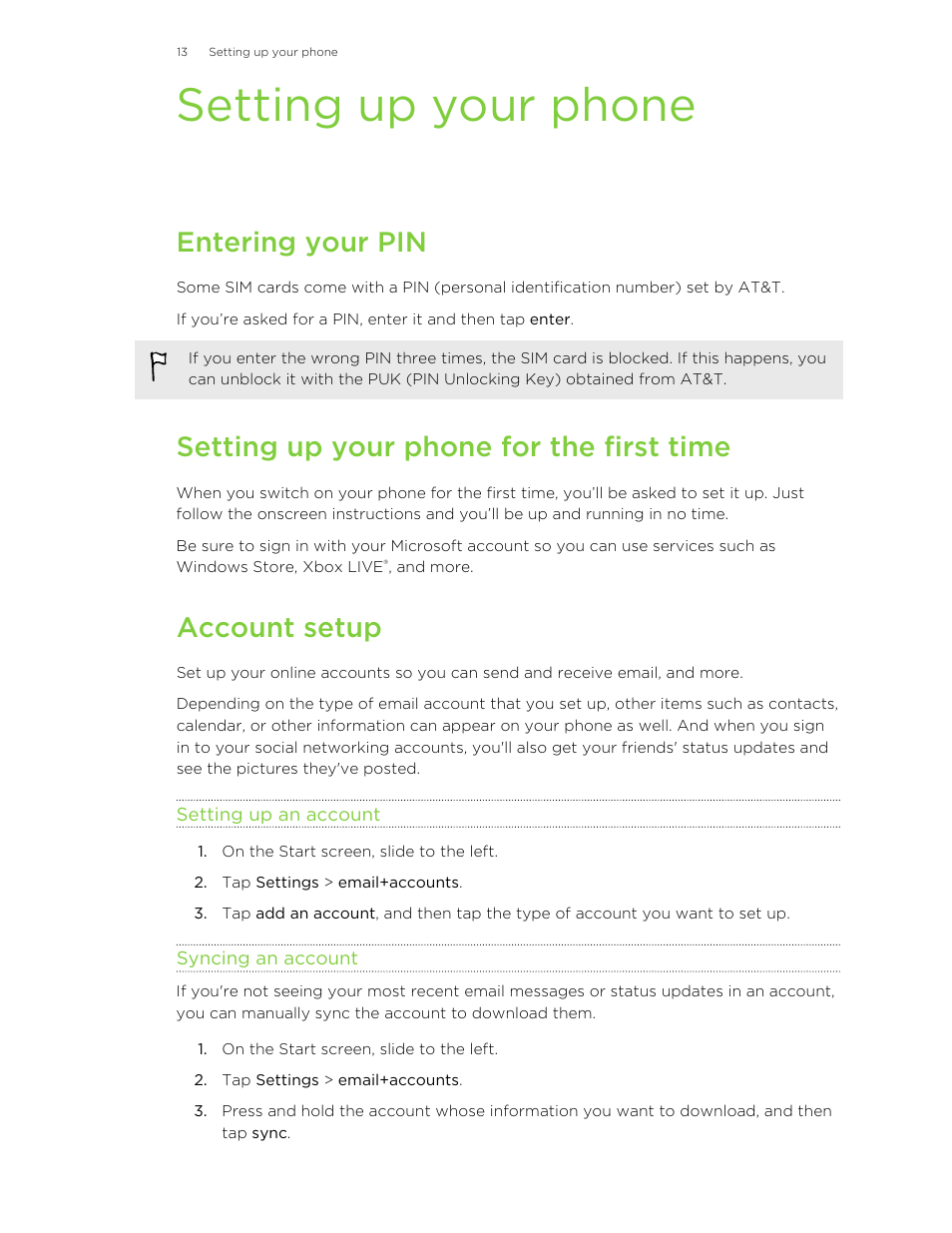 Setting up your phone, Entering your pin, Setting up your phone for the first time | Account setup, Setting up an account, Syncing an account | HTC 8X User Manual | Page 13 / 97