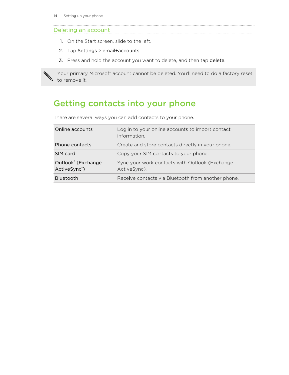 Deleting an account, Getting contacts into your phone | HTC 8X User Manual | Page 14 / 97