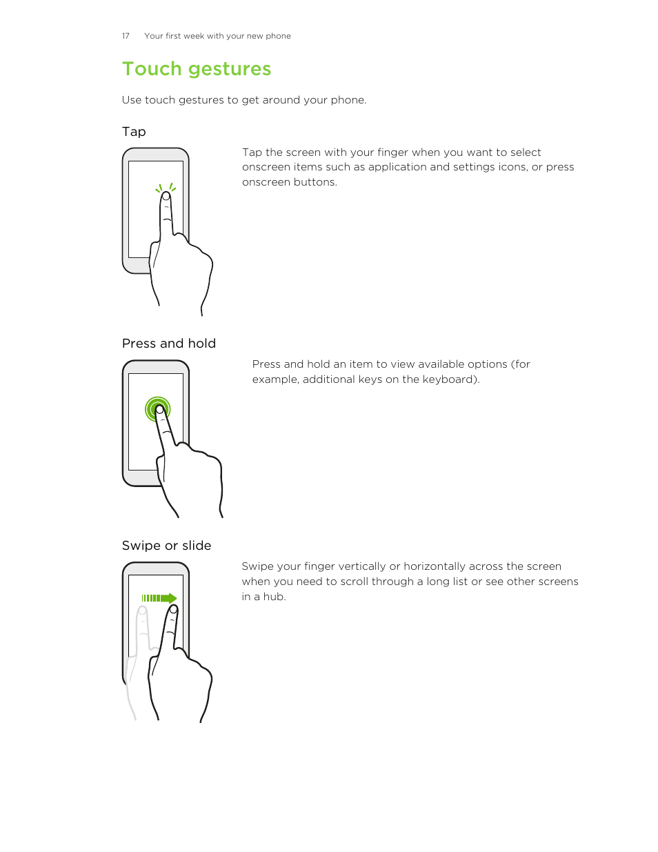 Touch gestures | HTC 8X User Manual | Page 17 / 97