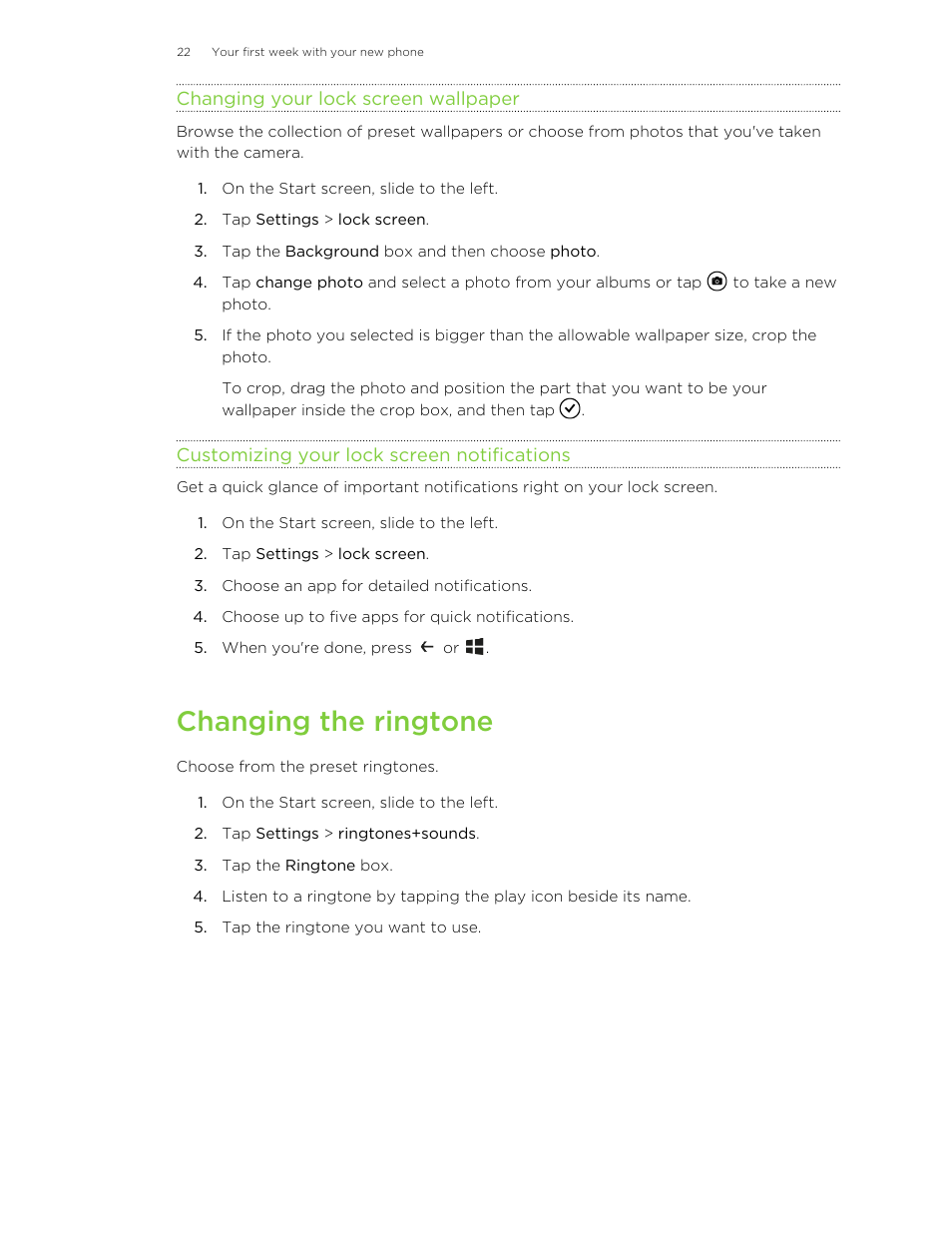 Changing your lock screen wallpaper, Customizing your lock screen notifications, Changing the ringtone | HTC 8X User Manual | Page 22 / 97