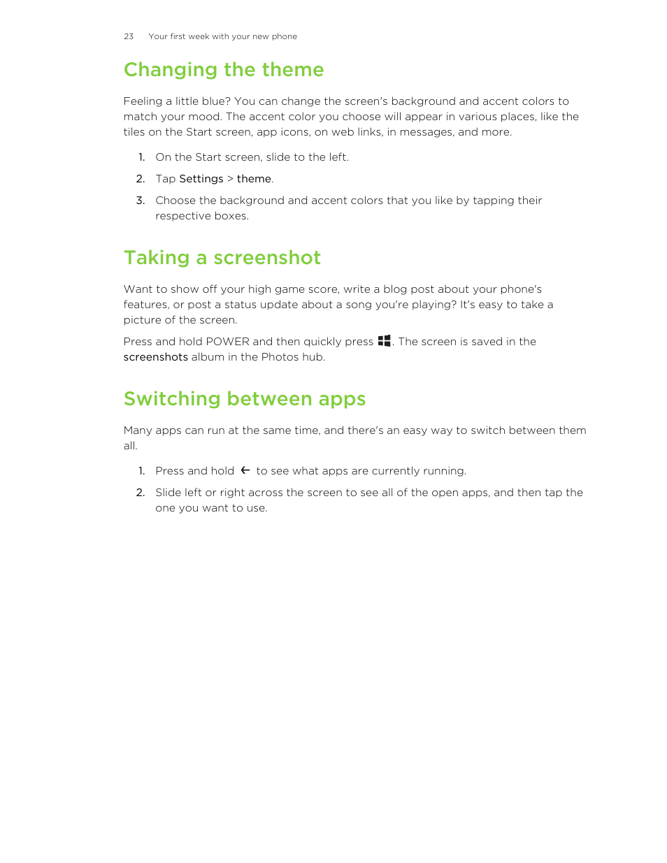 Changing the theme, Taking a screenshot, Switching between apps | HTC 8X User Manual | Page 23 / 97