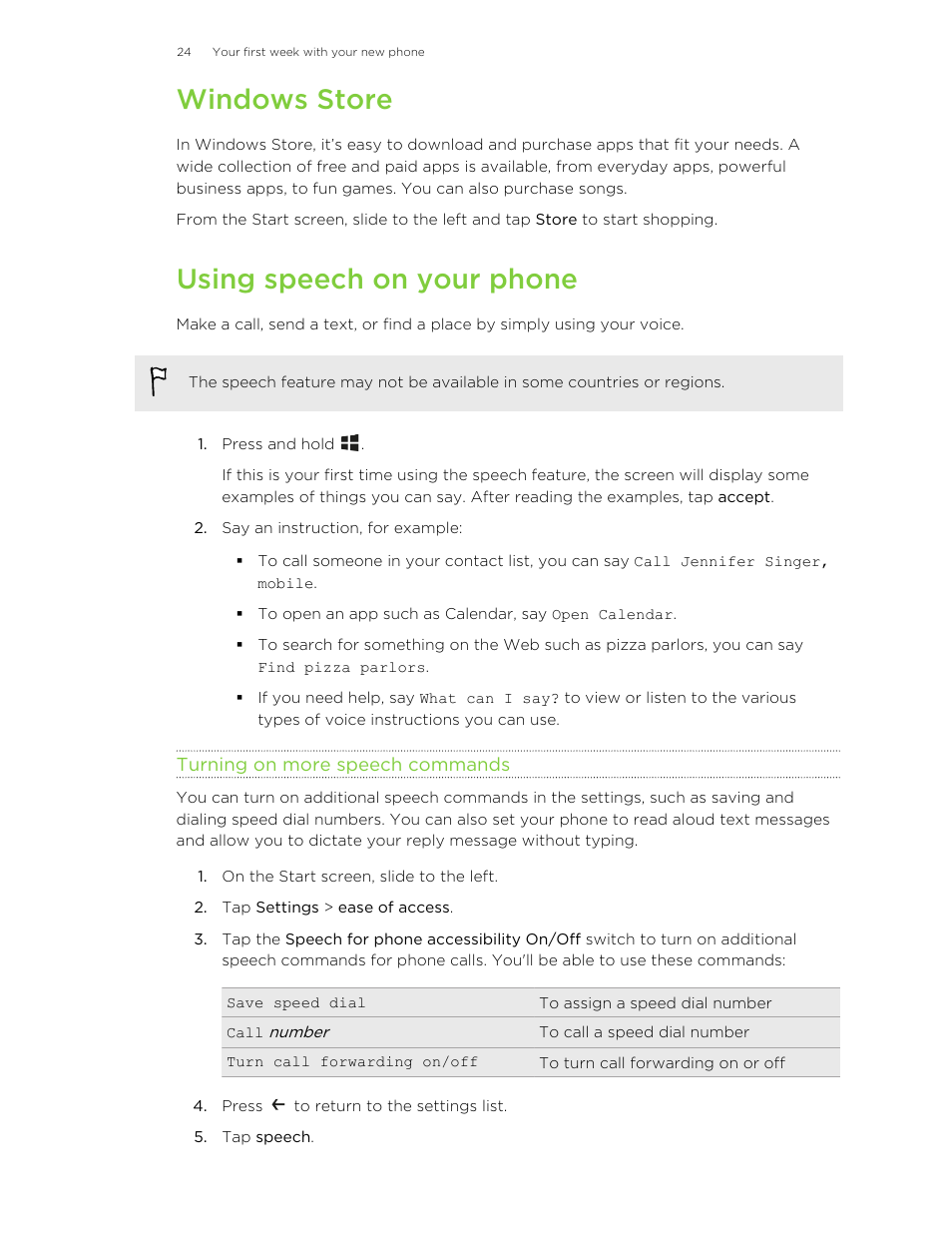Windows store, Using speech on your phone, Turning on more speech commands | HTC 8X User Manual | Page 24 / 97