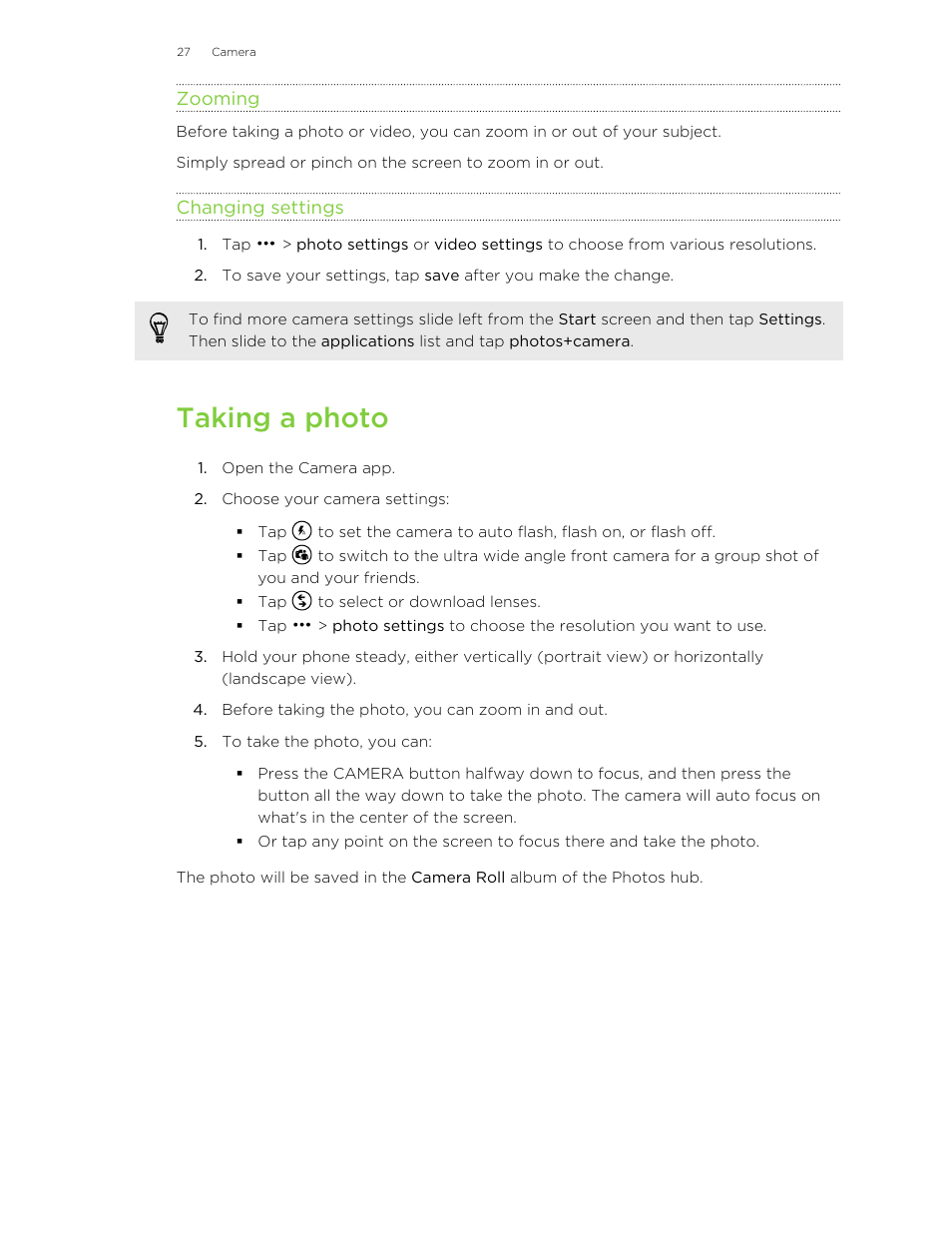 Zooming, Changing settings, Taking a photo | HTC 8X User Manual | Page 27 / 97