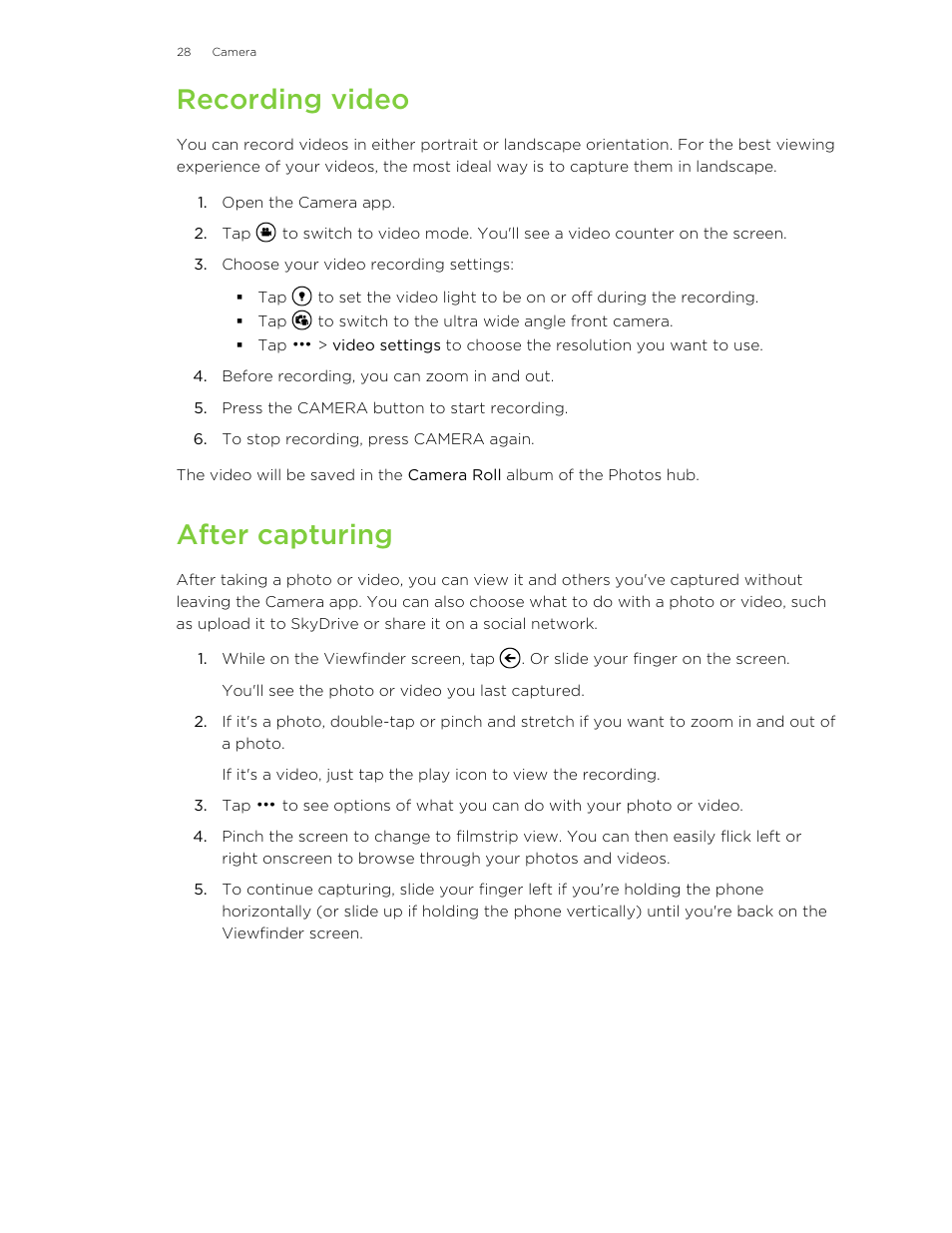 Recording video, After capturing | HTC 8X User Manual | Page 28 / 97