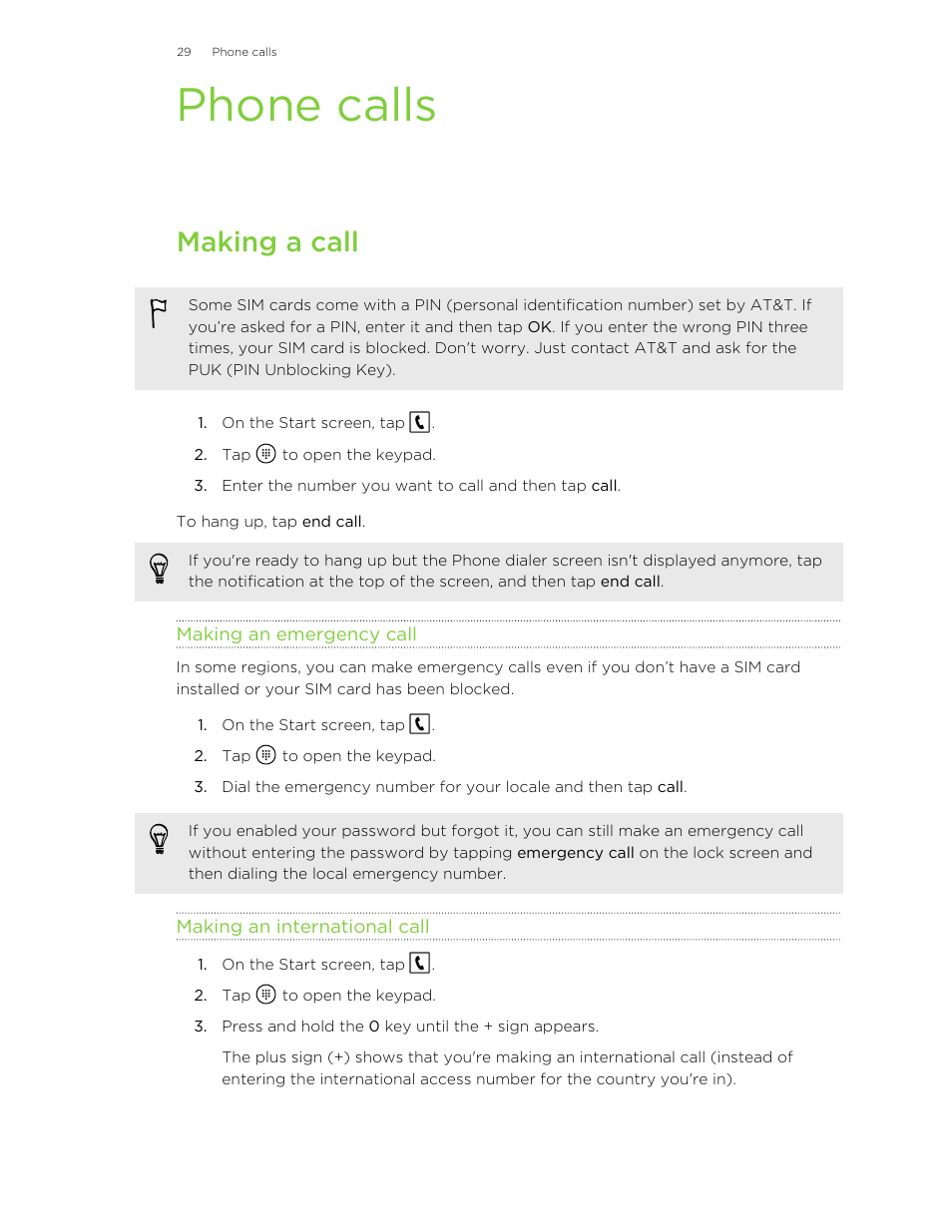 Phone calls, Making a call, Making an emergency call | Making an international call | HTC 8X User Manual | Page 29 / 97