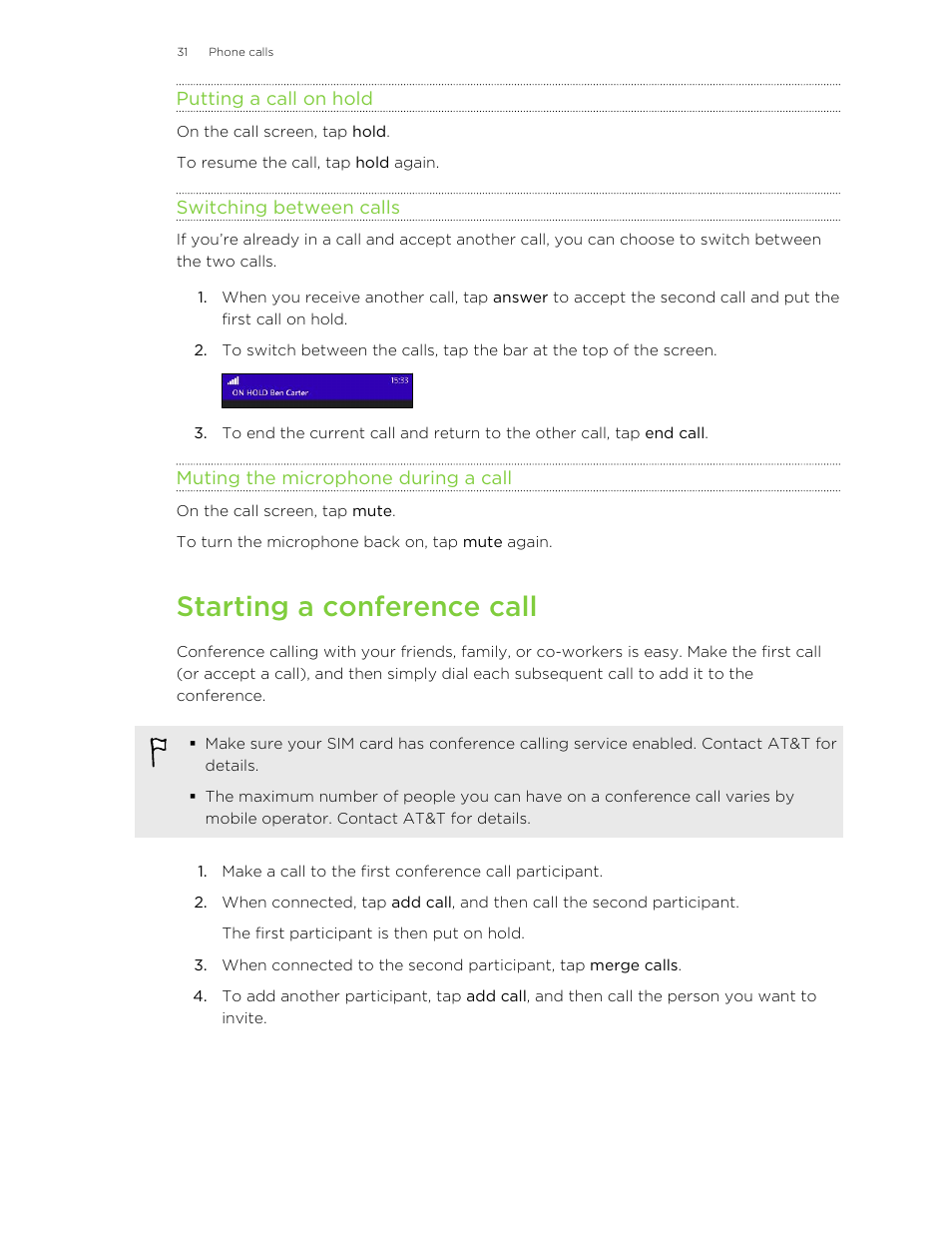 Putting a call on hold, Switching between calls, Muting the microphone during a call | Starting a conference call | HTC 8X User Manual | Page 31 / 97
