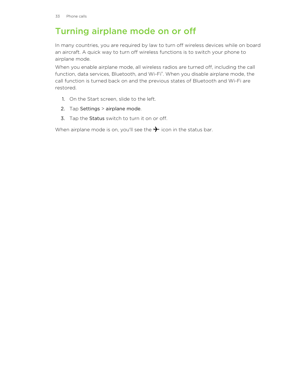 Turning airplane mode on or off | HTC 8X User Manual | Page 33 / 97