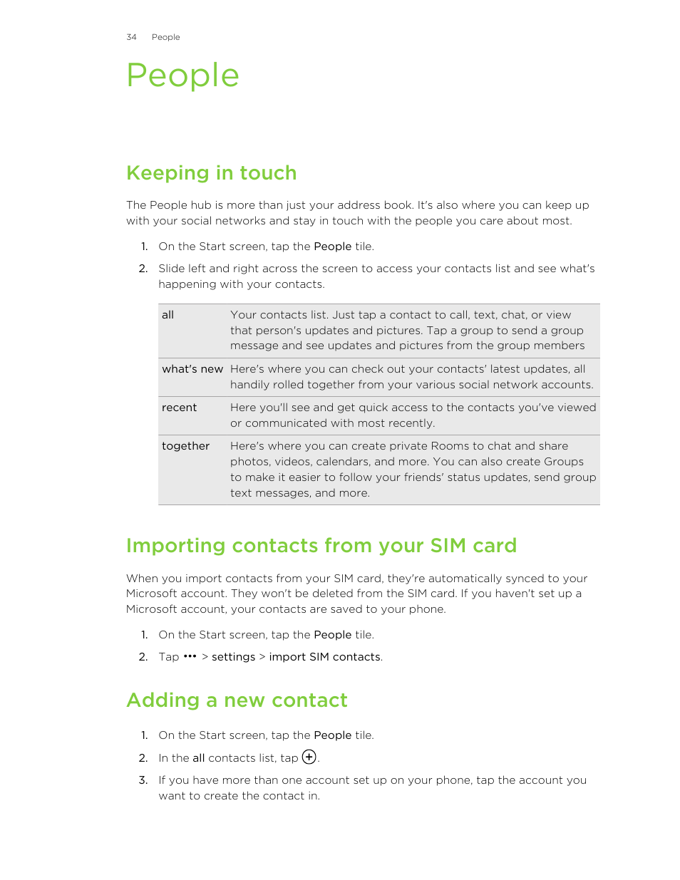 People, Keeping in touch, Importing contacts from your sim card | Adding a new contact | HTC 8X User Manual | Page 34 / 97