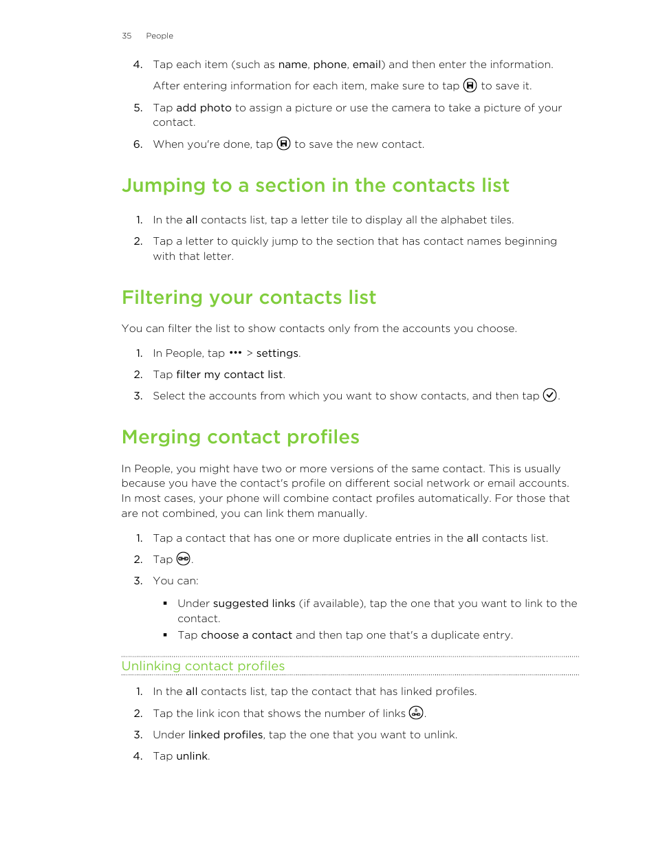 Jumping to a section in the contacts list, Filtering your contacts list, Merging contact profiles | Unlinking contact profiles | HTC 8X User Manual | Page 35 / 97