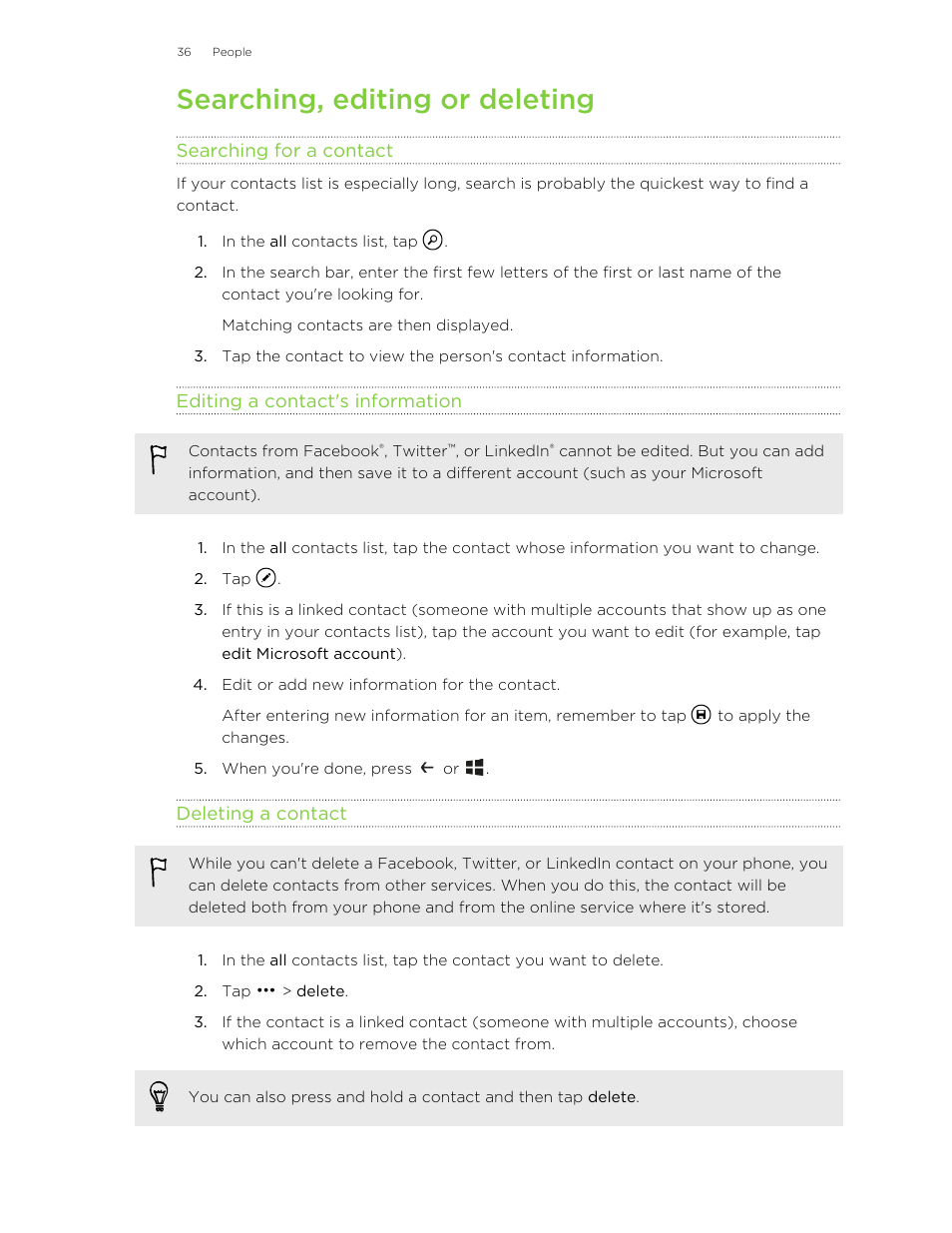 Searching, editing or deleting, Searching for a contact, Editing a contact's information | Deleting a contact | HTC 8X User Manual | Page 36 / 97