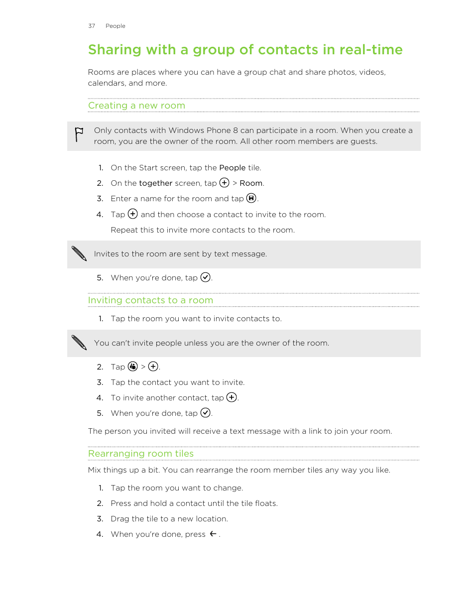 Sharing with a group of contacts in real-time, Creating a new room, Inviting contacts to a room | Rearranging room tiles | HTC 8X User Manual | Page 37 / 97