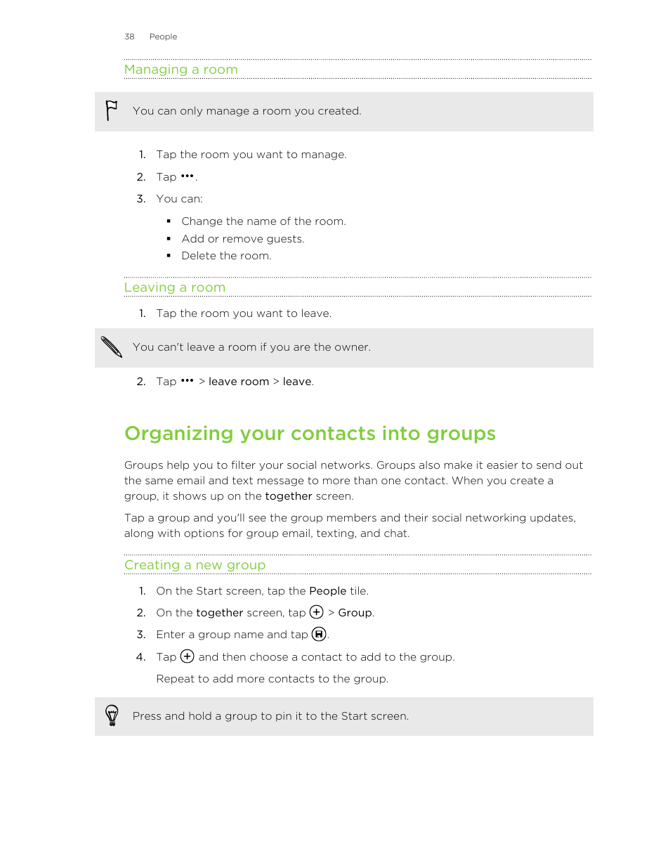 Managing a room, Leaving a room, Organizing your contacts into groups | Creating a new group | HTC 8X User Manual | Page 38 / 97