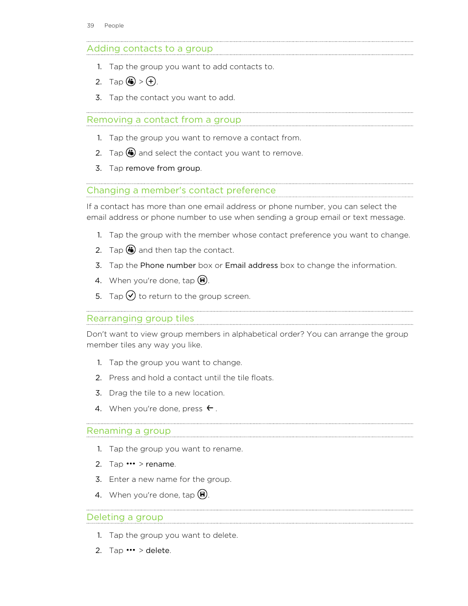 Adding contacts to a group, Removing a contact from a group, Changing a member's contact preference | Rearranging group tiles, Renaming a group, Deleting a group | HTC 8X User Manual | Page 39 / 97