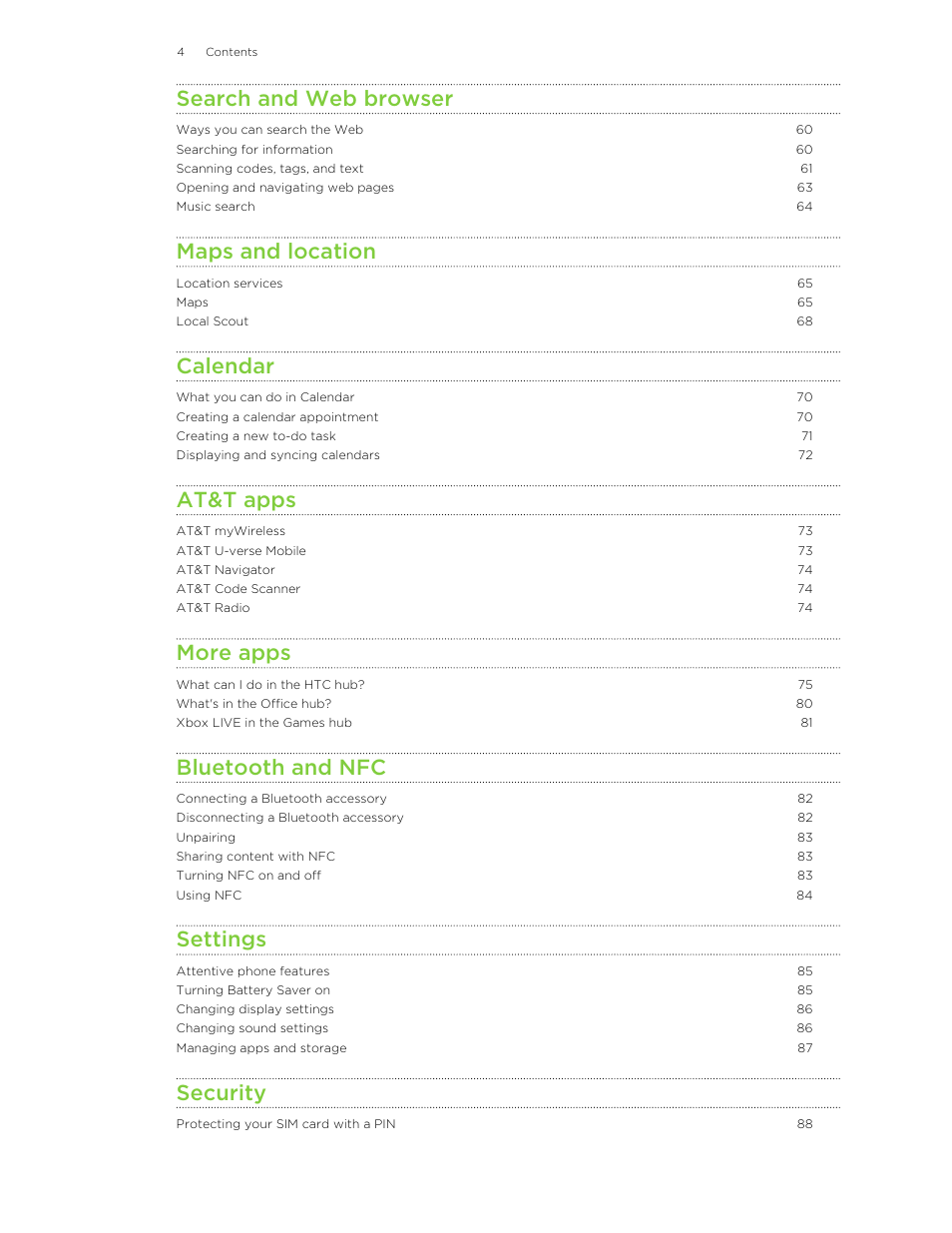 Search and web browser, Maps and location, Calendar | At&t apps, More apps, Bluetooth and nfc, Settings, Security | HTC 8X User Manual | Page 4 / 97