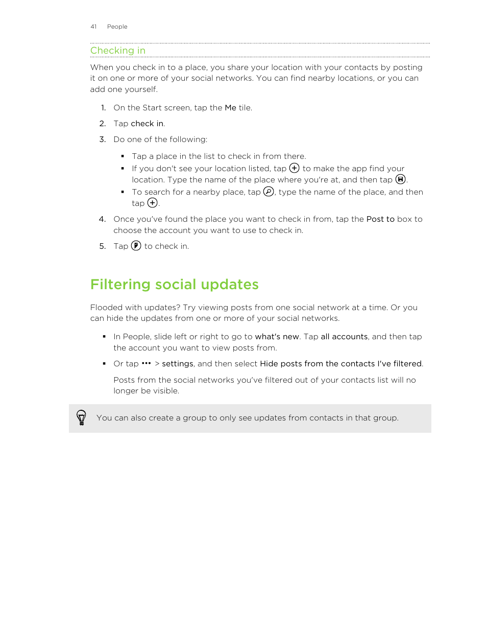 Checking in, Filtering social updates | HTC 8X User Manual | Page 41 / 97