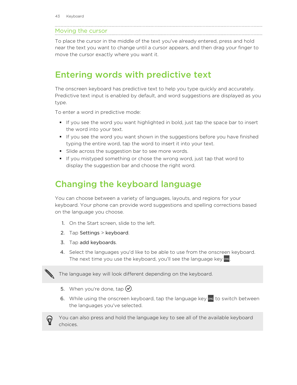 Moving the cursor, Entering words with predictive text, Changing the keyboard language | HTC 8X User Manual | Page 43 / 97