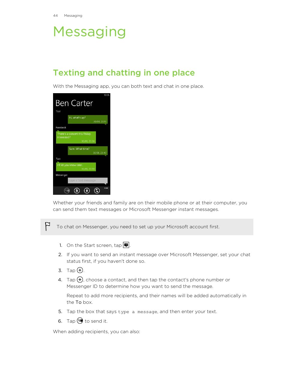 Messaging, Texting and chatting in one place | HTC 8X User Manual | Page 44 / 97